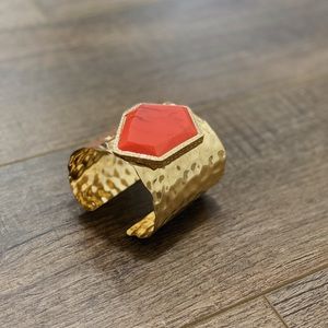 Gold Hammered Cuff Bracelet Jewelry Coral Stone Costume Chunky Bold Statement